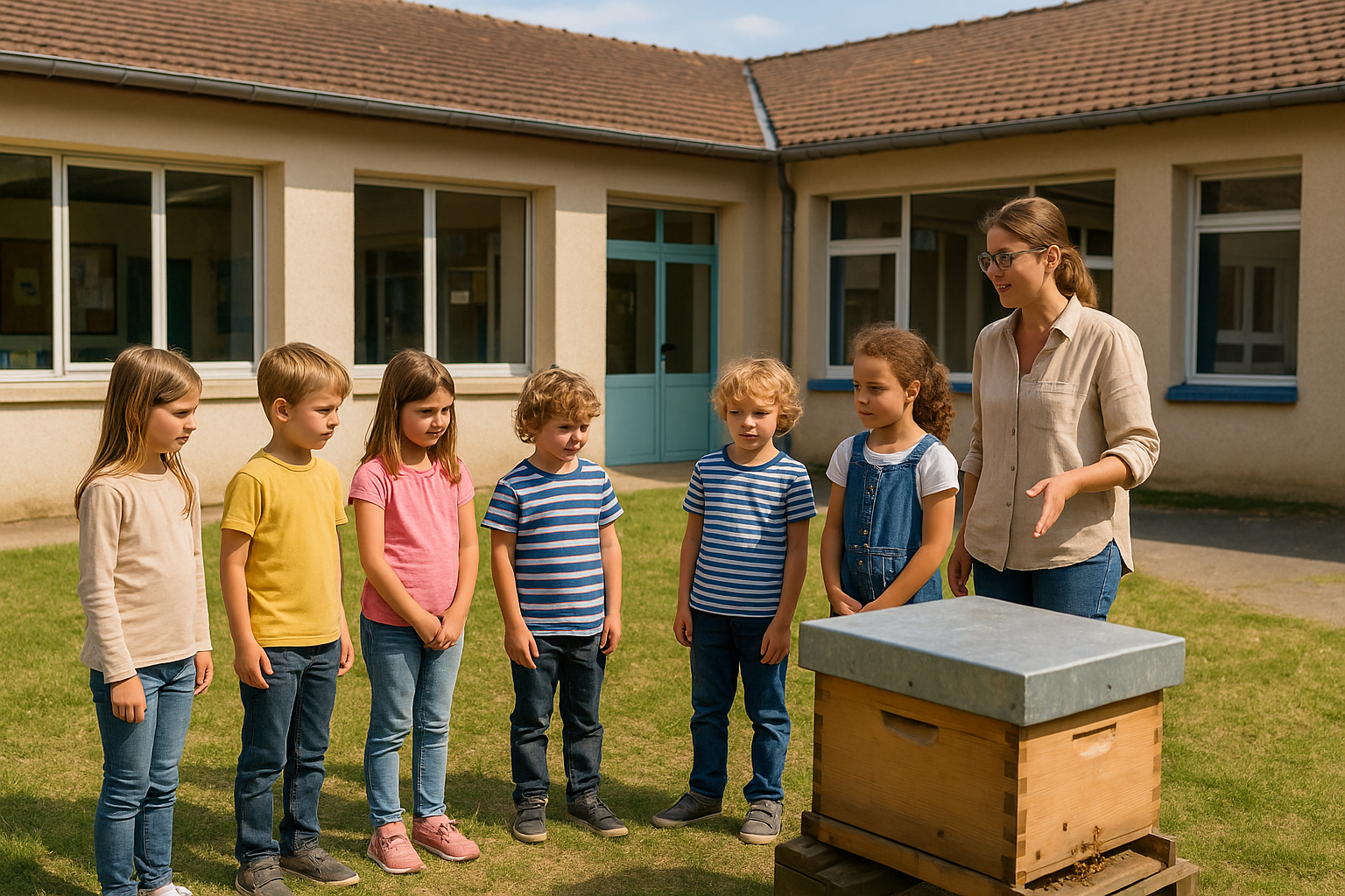 Ruche pédagogique dans la cour de l'école avec des élèves observant les abeilles.