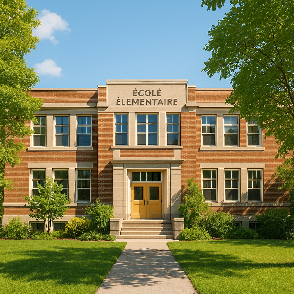 Façade d'une école entourée de verdure.